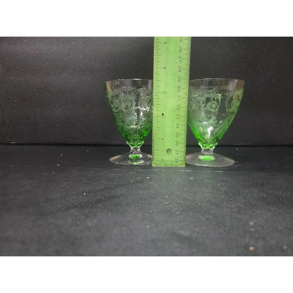Fostoria Versailles Etched‎ Cocktail Glasses, Set of 2, Vtg Footed Uranium Glass